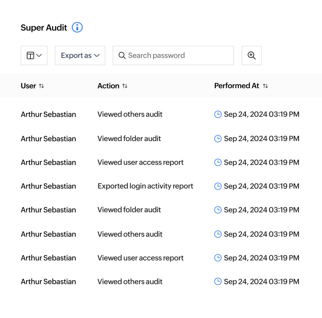 Gain full visibility into every action in your Zoho Vault with secure, tamper-proof audit records.
